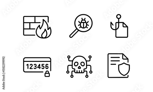 Cybersecurity icons: firewall, virus scan, phishing, password, malware, data protection