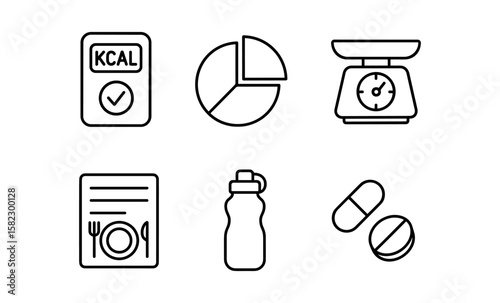 Linear icons of nutrition and fitness elements for a healthy lifestyle
