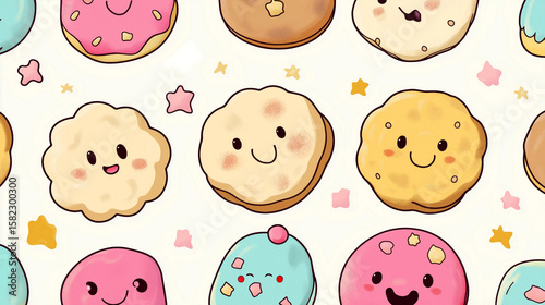Kawaii-style illustration features cheerful cookies with various toppings arranged on a light background