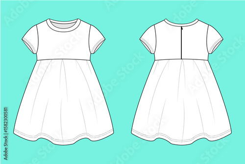 Baby Girls Short sleeve dress fashion flat sketch CAD mockup.