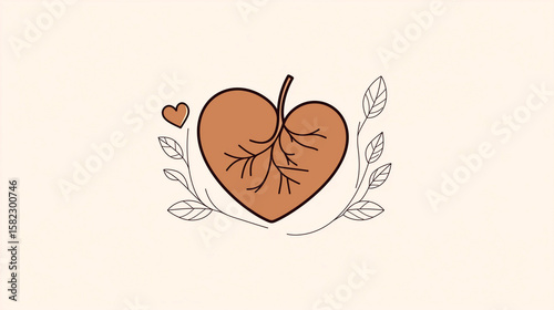 Minimalist line-art design of a liver shaped as a heart with leaves for health and wellness concept