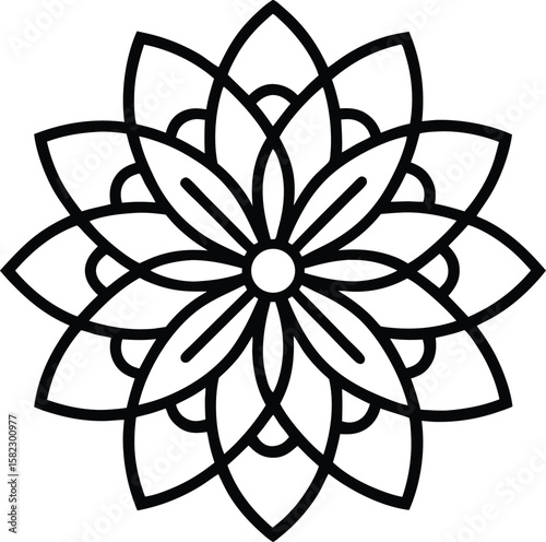 Geometric white flower mandala design on black background