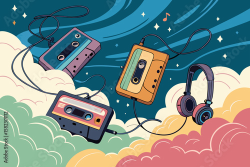 Extraordinary Floating Cassette Tapes and Walkmans Nostalg Elegant Presentation Style Warm Inviting Ambiance Perfect for Commercial Marketing Projects Authentic Storytelling Visual Narrative Creative 