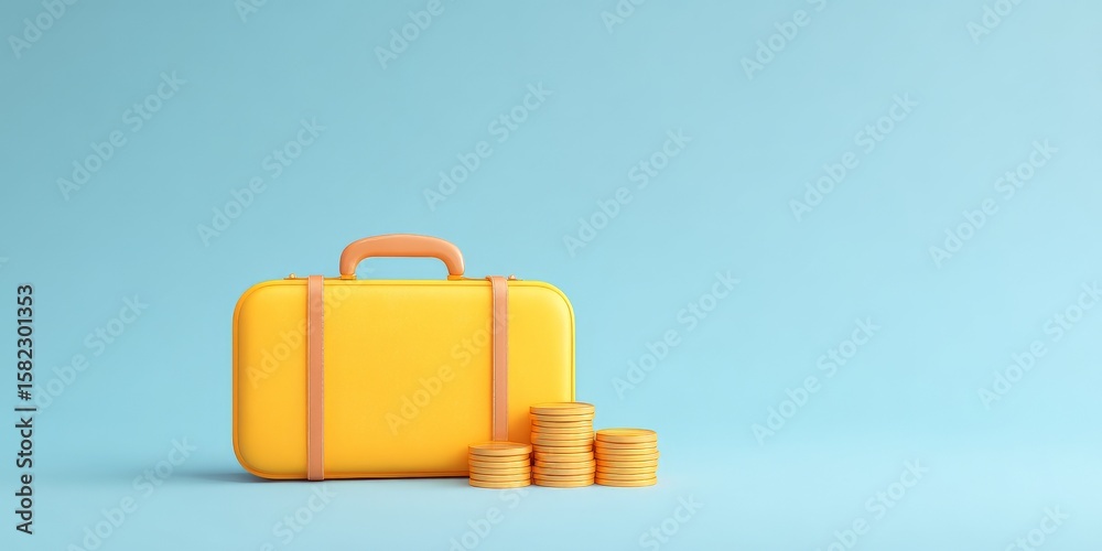 Obraz premium Budget-Friendly Holiday Trip Adventure, A yellow suitcase next to stacks of coins against a blue background, symbolizing travel and finance.