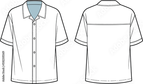 short sleeve shirt vector template, button up camp collar, fashion flat sketch, front and back view design illustration