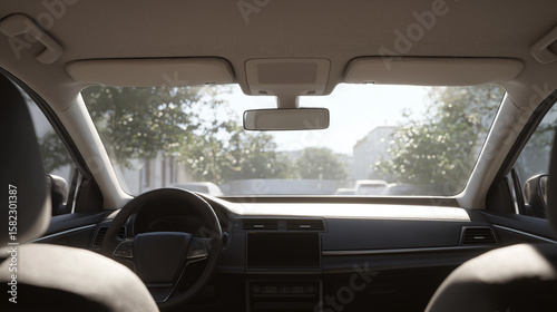 car dashboard interior view with sun glare.