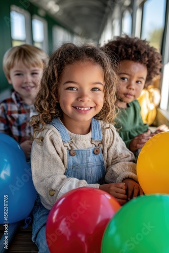 A group of children riding a miniature train