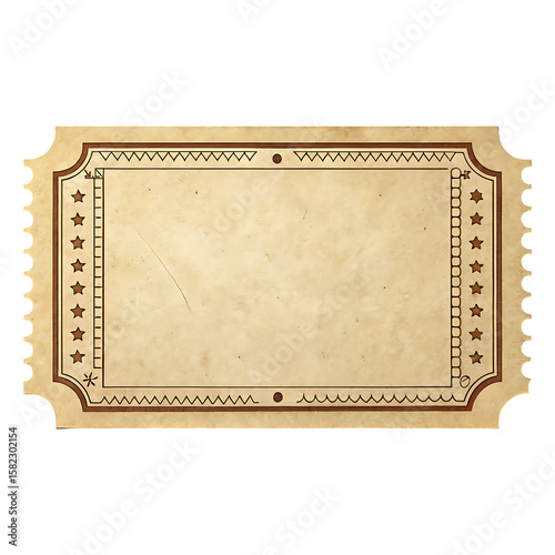 Vintage blank raffle ticket with decorative border and stars isolated on transparent background