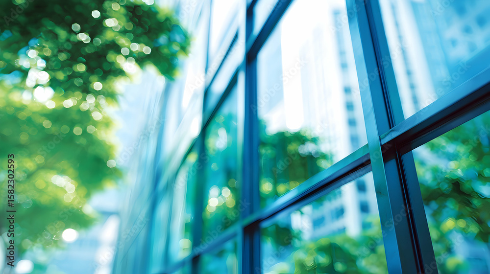 Fototapeta premium Detail of Green Glass Exterior on Corporate Office Structure
