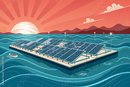 Enchanting Futuristic Floating Solar Farm with Stylized Wave Masterful Composition Art Elegant Refined Style Ideal for Editorial Content Creation Editorial Quality Visual Documentation Creative Asset