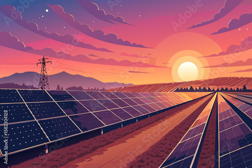 Extraordinary Futuristic Solar Farm Under Glowing Sunset Vec Polished Creative Content Clean Minimalist Design Perfect for Social Media Content Brand Marketing Visual Excellence Creative Asset