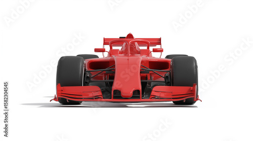 front view of red formula one racing car on white background.