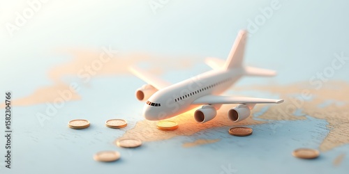 Budget-Friendly Holiday Trip Adventure, Airplane model on a map surrounded by coins, symbolizing travel expenses and finance.