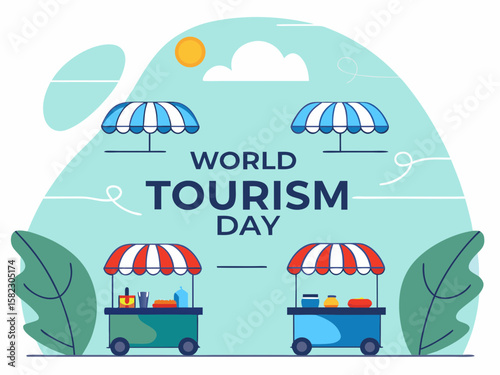 World Tourism Day Illustration with Food Carts Sun Cloud and Decorative Elements