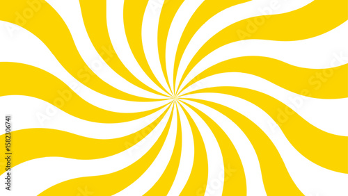 Abstract vibrant radial swirl pattern with alternating curved yellow and white segments spiraling. Dynamic, hypnotic pinwheel effect with smooth wave rotation and motion. 