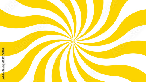 Abstract vibrant radial swirl pattern with alternating curved yellow and white segments spiraling. Dynamic, hypnotic pinwheel effect with smooth wave rotation and motion. 