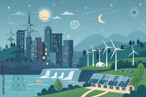 Awe-inspiring City Skyline Powered Wind Solar and Professional Quality Premium Cozy Intimate Setting Excellent for Brand Identity Development Artistic Photography Masterpiece Creation Creative Asset