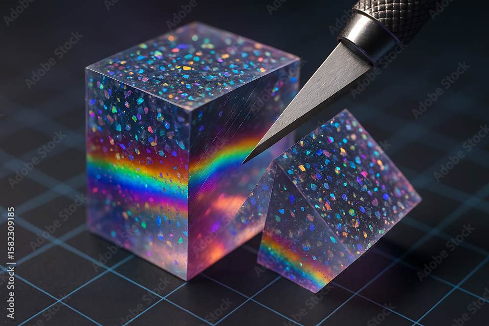 Obraz premium Clear resin cube filled with iridescent glitter cut by craft knife showing rainbow spectrum refraction light