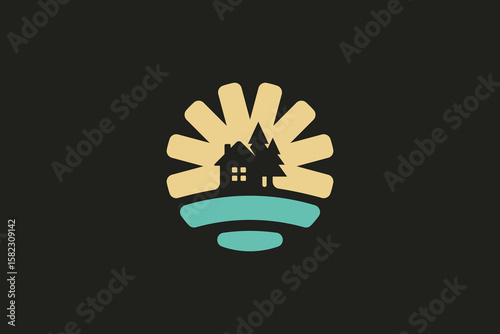 lakeside cabin logo with a combination of a cabin, pine trees, sun and water. It's good for travel business, property, etc.