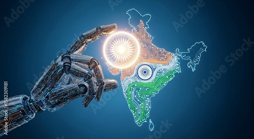 Robotic hand touches circuit board map of India with glowing Ashoka Chakra symbol representing technology, AI, and digital future development