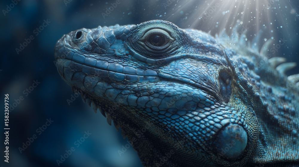Fototapeta premium A close-up of a blue iguana's head with textured scales, highlighted by sunlight. The iguana's eye is visible, showcasing detailed skin patterns and its lifelike composition.