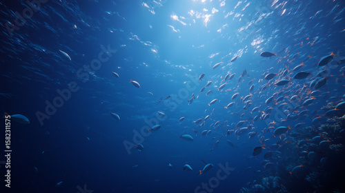 tropical fish swarm illuminated by light beams.