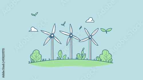 Three wind turbines stand on a grassy hill under a light blue sky with clouds and small plants.  Clean energy, eco-friendly landscape