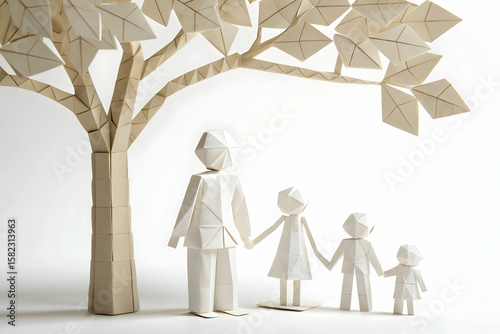 Paper family stands under a origami tree, symbolizing home, kinship, and a bright future together in a paper craft style.
