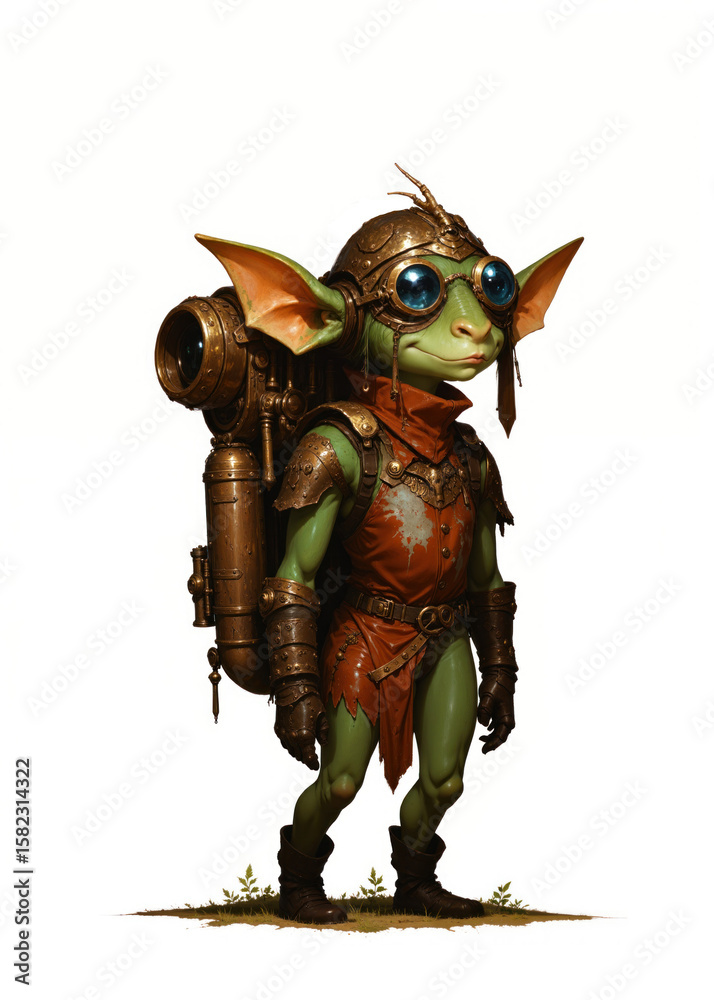 Fototapeta premium Steampunk Goblin Inventor with Goggles and Jetpack – Green Fantasy Creature in Leather Armor and Brass Tech Gear, Adorable Yet Fierce Mechanic Character Standing Isolated on White Background