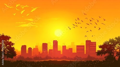 Vibrant sunset cityscape with birds silhouetted against a fiery sky and city skyline, framed by trees