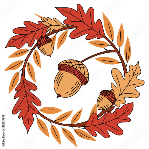 Autumnal wreath with oak leaves and acorns in shades of orange and brown forming a circular frame design
