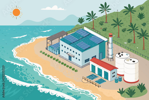 Gorgeous Solar Powered Water Desalination Plant Coastli Visual Excellence Standard Clean Minimalist Design Ideal for Advertising Campaign Materials Commercial Ready Professional Content Creative Asset