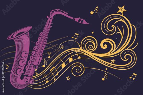 Extraordinary Stylized Saxophone with Swirling Jazz Notes Vect High-End Commercial Asset Vibrant Dynamic Energy Perfect for Print Publication Design Brand Marketing Visual Excellence Creative Asset