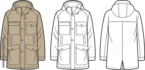 Technical flat sketch, men parka jacket, front and back view, fashion CAD drawing, apparel design template, outdoor wear