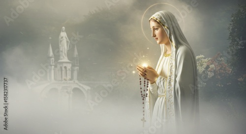 Spiritual devotion and ethereal beauty of Virgin Mary in a serene landscape