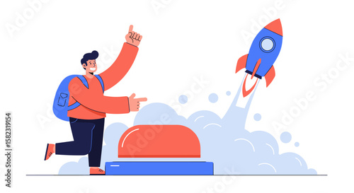 Excited man launches rocket with big red button in cartoon style