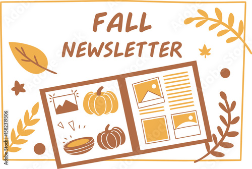 Illustration of a fall newsletter with pumpkins, leaves, and autumnal decorations in a frame design