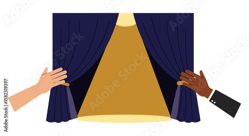 Two hands pulling back curtains to reveal stage spotlight