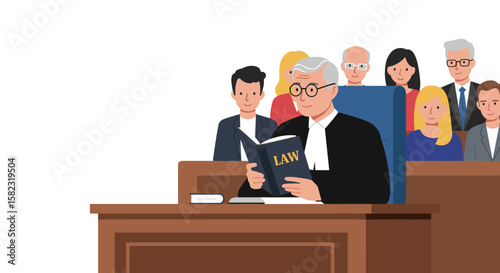 Courtroom scene with judge and jury in flat style illustration