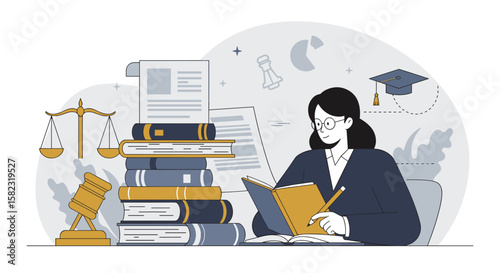 Woman studying law with books and legal symbols in modern flat design