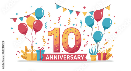Colorful 10th anniversary celebration with balloons, banners, and gifts