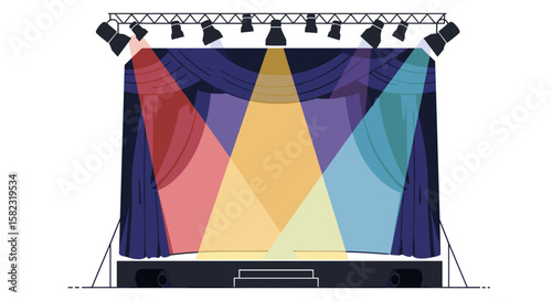 Colorful stage scene with curtains and spotlights in flat design