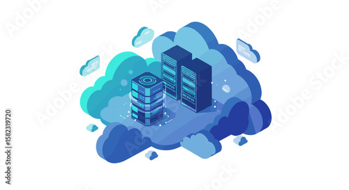 Isometric cloud computing concept with modern data servers and digital connections
