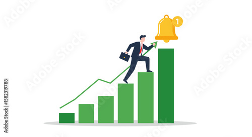 Business growth concept with man climbing bar chart towards notification