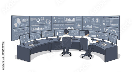 Control room with multiple screens and analysts in modern office setting