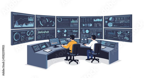 Control room with multiple monitors displaying data analytics and graphs in an office setting