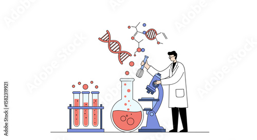 Scientist analyzing dna in laboratory with modern equipment flat design
