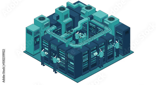 Isometric data center with servers and technicians in a cooling system environment