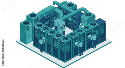 Isometric data center with server racks and it professionals