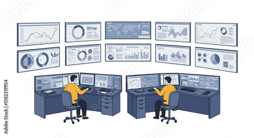 Command center with multiple screens displaying data analytics and charts in isometric style
